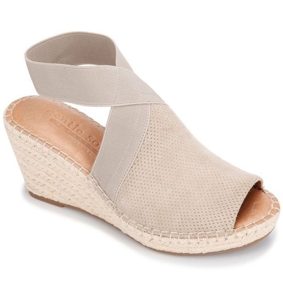 Gentle Souls Colleen Espadrille Wedge Sandals Leather Taupe Peep Toe Women's 7M - Picture 1 of 7